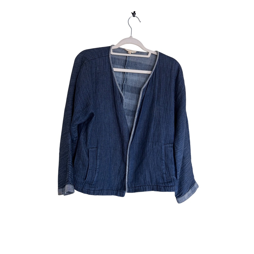 Eileen Fisher Blue Open Front Denim Kimono L  Relaxed Chore Coat Pockets